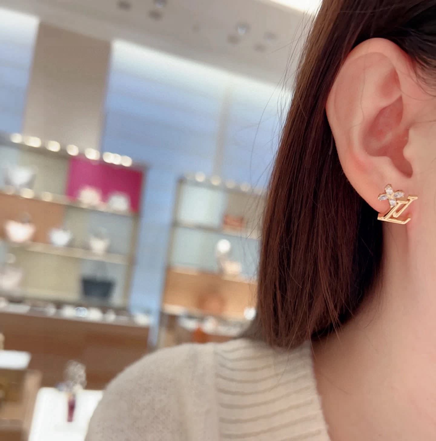 Louis Vuitton Gold Tone Crystal Flower Earrings